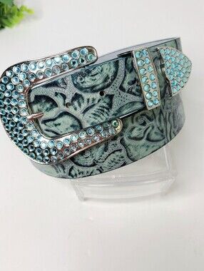Western Teal Green Rhinestone Buckle Rose Embossed Genuine Leather Vintage Belt